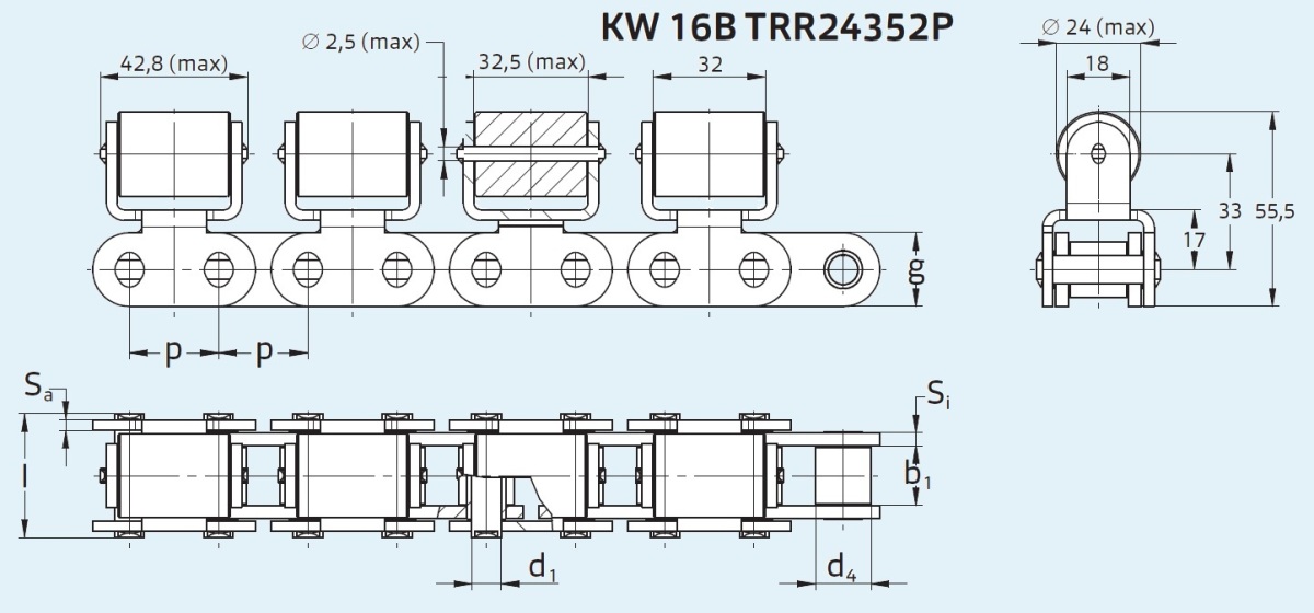 транспортерний ланцюг з поперечним роликом