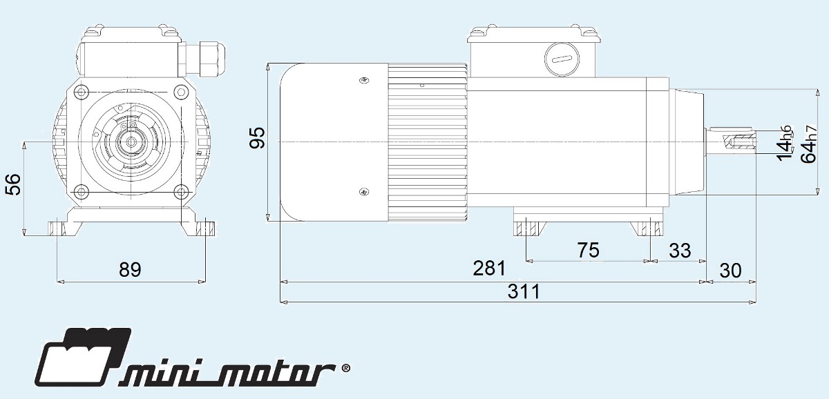 размеры мотор-редуктора MiniMotor PC на лапах