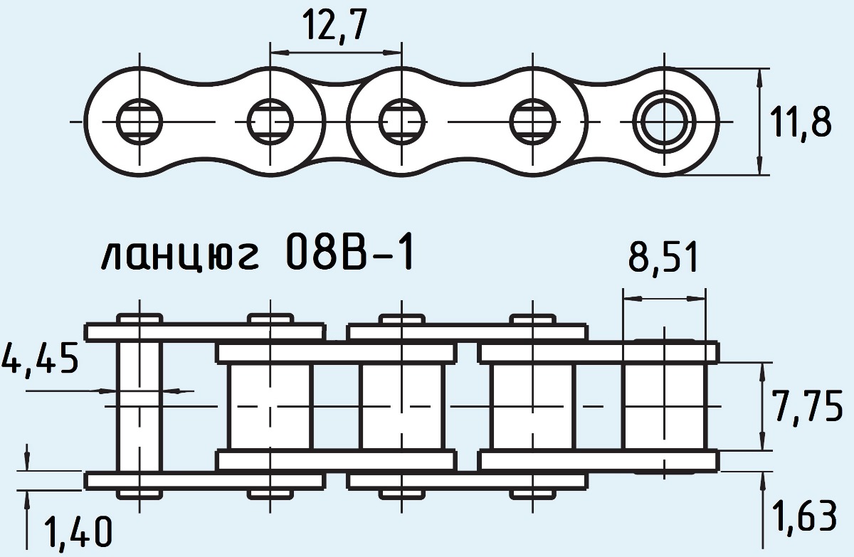 привідний ланцюг 08B-1 розміри ланцюга 08B